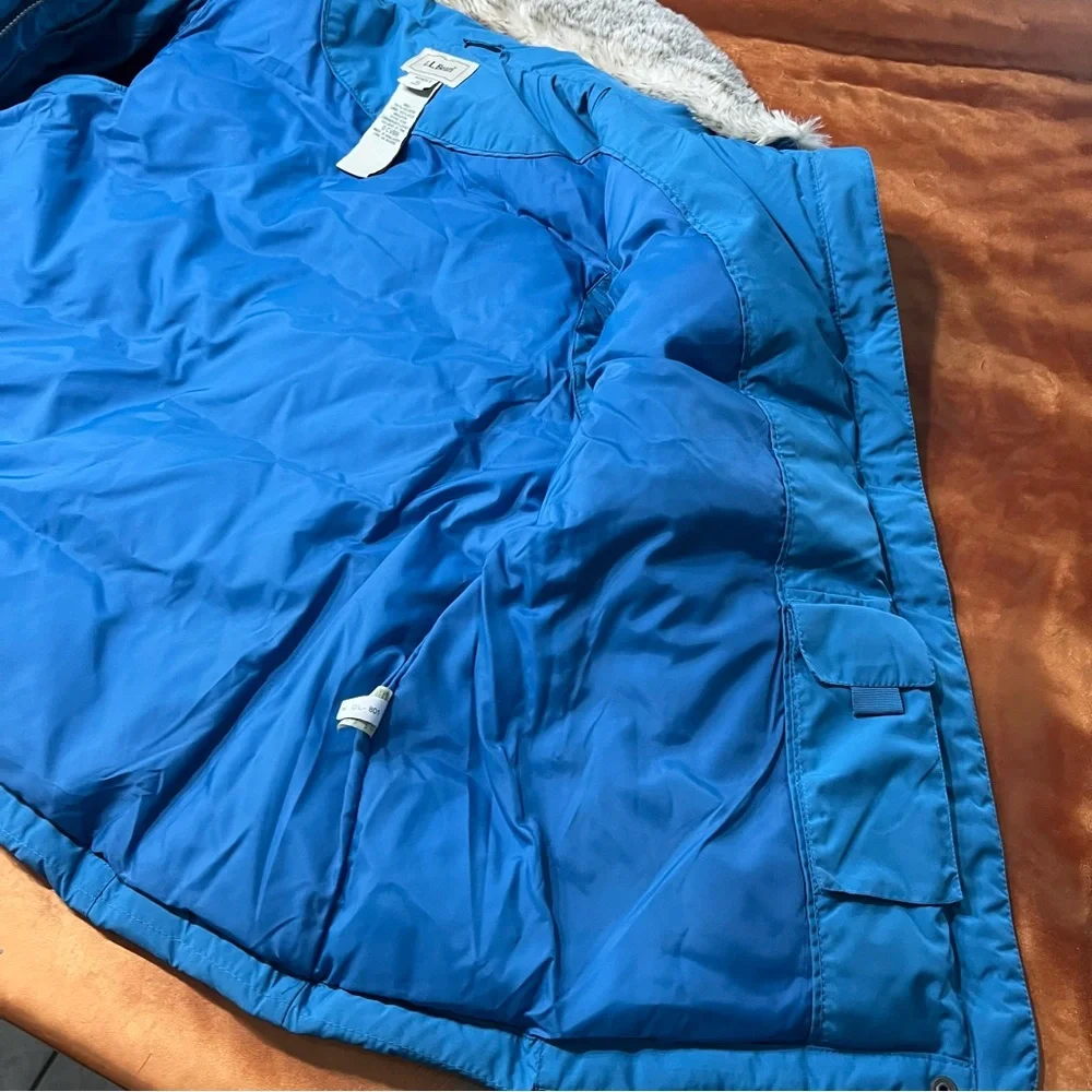 Vintage LL Bean Blue Down Puffer Vest detachable Faux Fur Collar XL